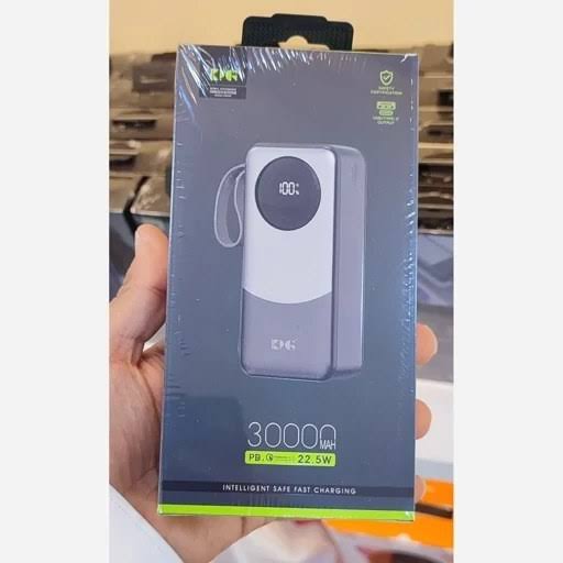 پاوربانک ۳۰۰۰۰ میلی‌آمپر KPG مدل302 با خروجی ۲۲.۵ وات | شارژ سریع PD و QC 3.0 | دارای کابل متصل